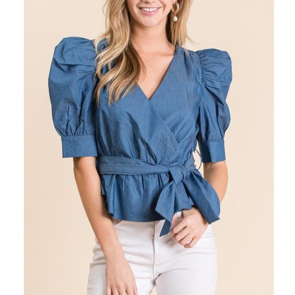 Chambray Denim Puff Sleeve Faux Wrap Top Shirt - Picture 3 of 7